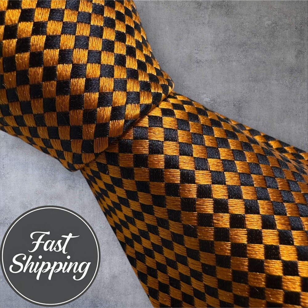 FACONNABLE Silk Tie Necktie Black/Tan Check Geometric Necktie 100% Silk France